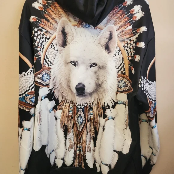 Men's Graphic Zip Up Hoodie White Wolf Feather Dreamcatcher Print XL - Picture 5 of 7